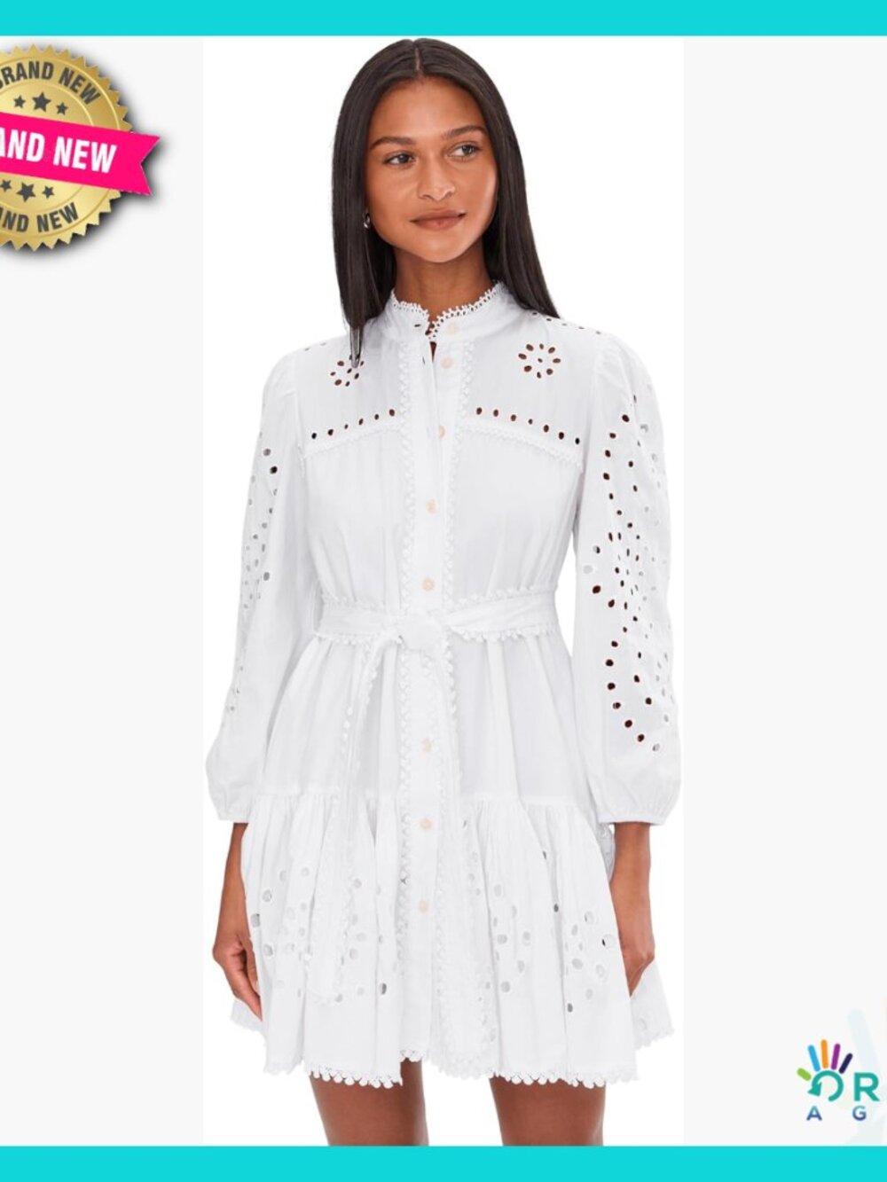 Long Sleeve Button Down Eyelet Shirt Dress Cotton Feminine Chic Casual